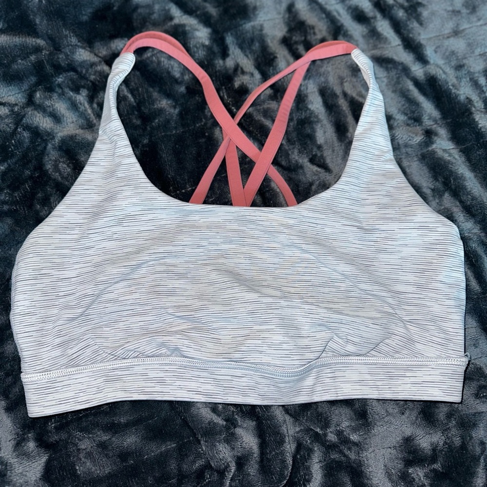 lululemon athletica Light Gray Striped Sports Bra with Pink Crisscross Straps
